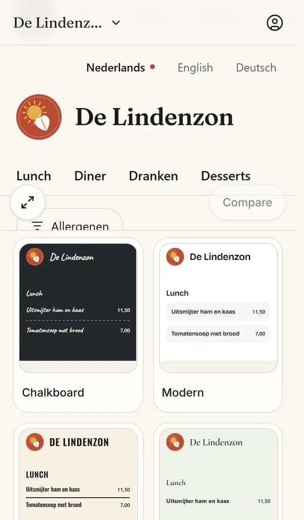 The Design page on a phone: De Lindenzon's menu and the gallery of looks, such as Chalkboard and Modern.