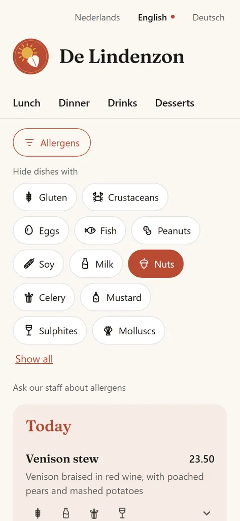 De Lindenzon's QR menu with the allergen filter open: nuts is picked, so the dishes with nuts are hidden. The daily special is still there.