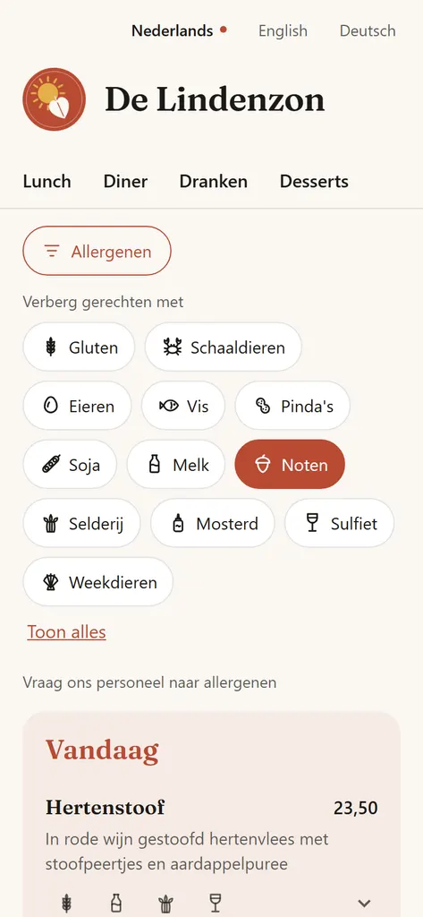 Het QR-menu van De Lindenzon met het allergenenfilter open: noten is gekozen, dus de gerechten met noten zijn verborgen. De dagspecial staat er nog.