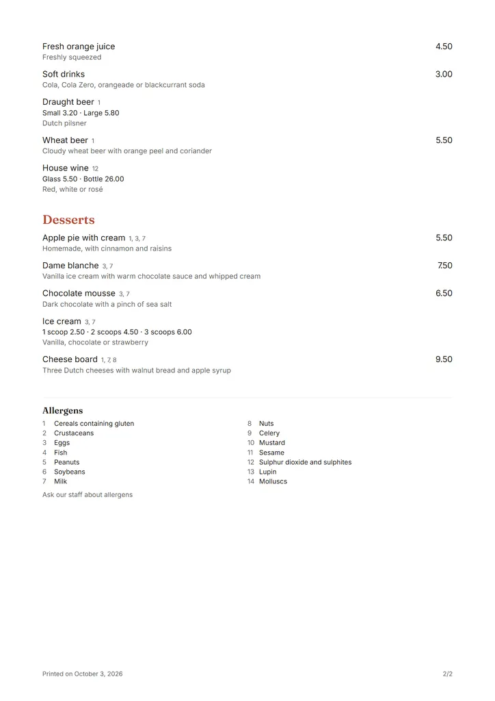 The last page of De Lindenzon's print menu: the desserts with their allergen numbers, and the legend of the 14 allergens at the bottom.