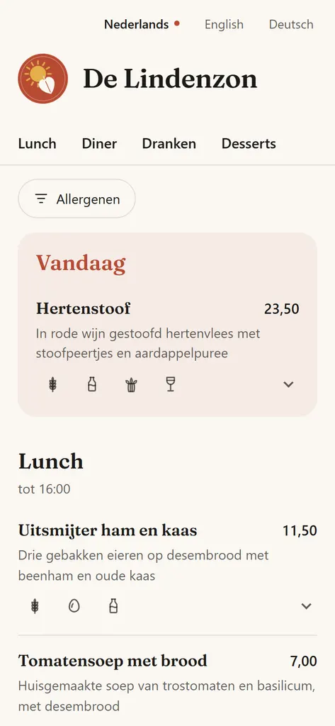 Het QR-menu van De Lindenzon met bovenaan het blok Vandaag, met de dagspecial en zijn prijs.