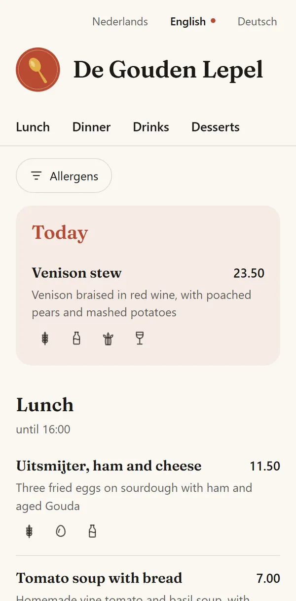 The menu of the demo café De Gouden Lepel on a phone