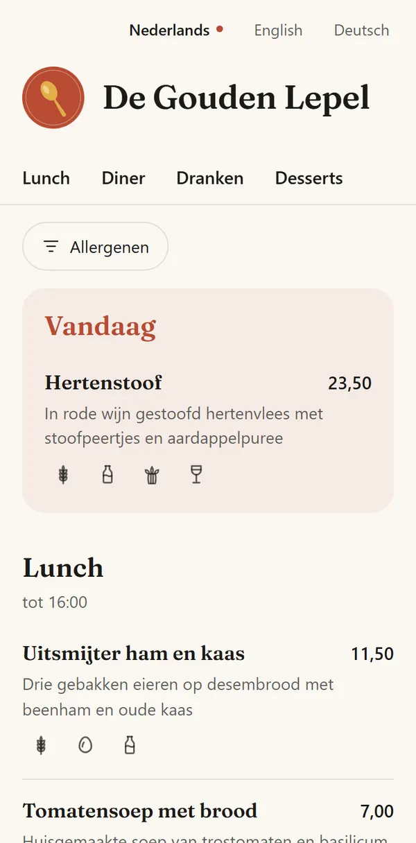De menukaart van democafé De Gouden Lepel op een telefoon
