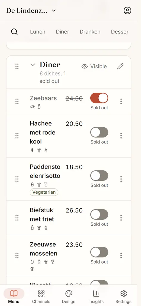 The menu editor on a phone: the sea bass is set to Sold out today, grey with its price struck through, and the editor says the menu is live.