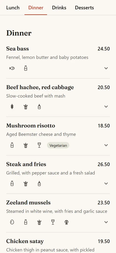 De Lindenzon's QR menu on a phone in English, open at Dinner: sea bass, beef hachee and mushroom risotto, each with its price, description and allergen icons.