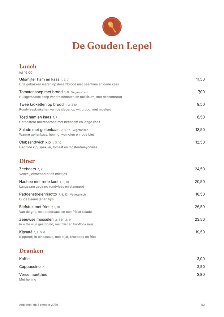 The print menu of the same café, in Dutch: lunch, dinner and drinks, each dish with its price and allergen numbers.