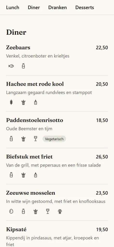 The café's QR menu on a phone, open at dinner. The sea bass still costs €22.50.