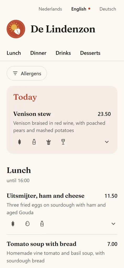 De Lindenzon's QR menu with the Today section at the top, showing the daily special and its price.